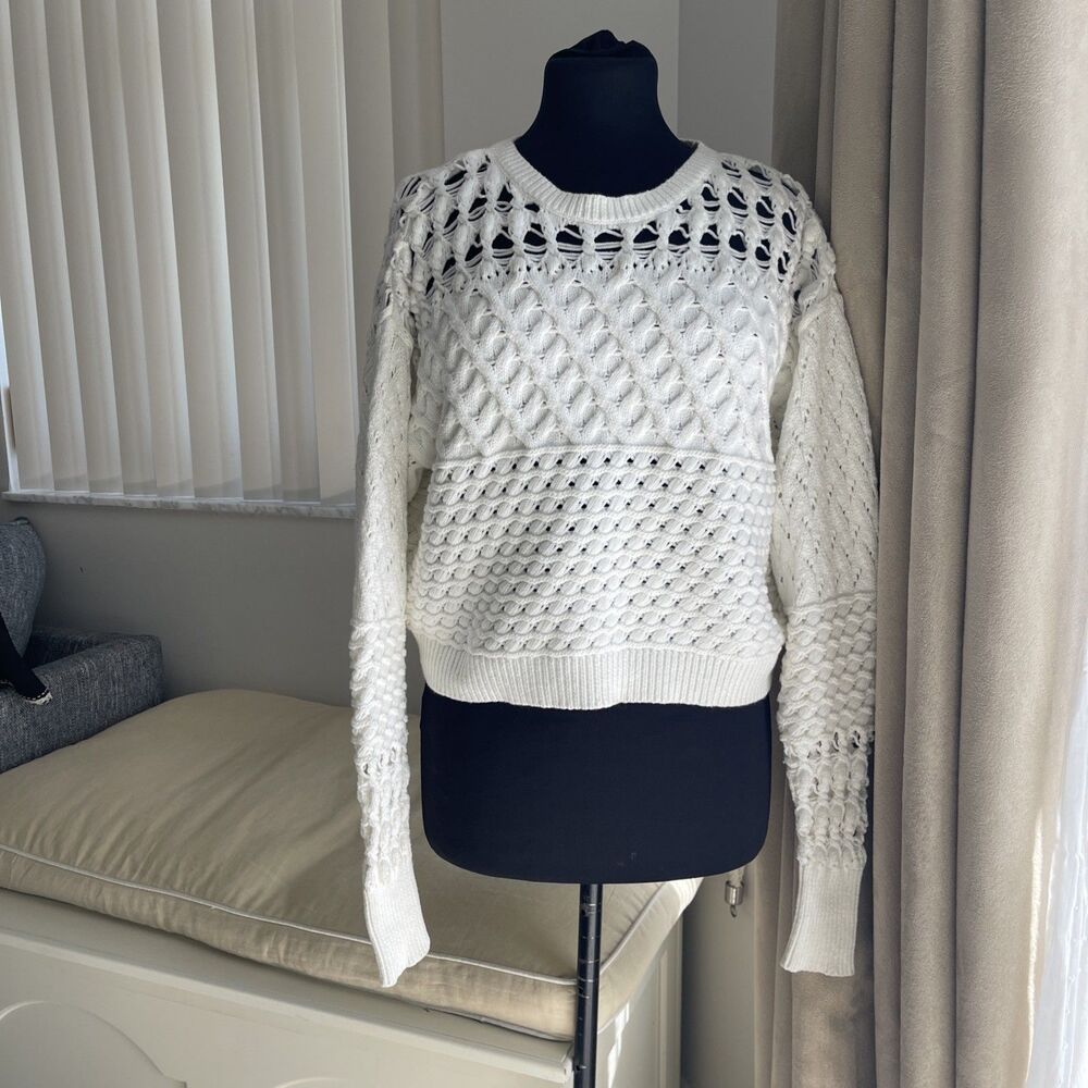 Intermix White Textured Pointelle Cable Open Knit Sweater S